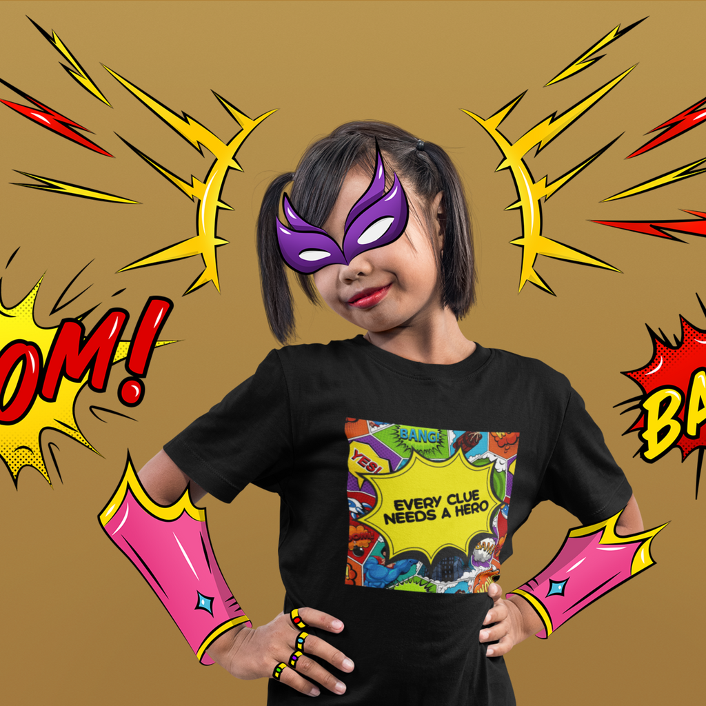 “Every Clue Needs a Hero” Kids T-Shirt — Superhero Graphic Tee for Boys & Girls